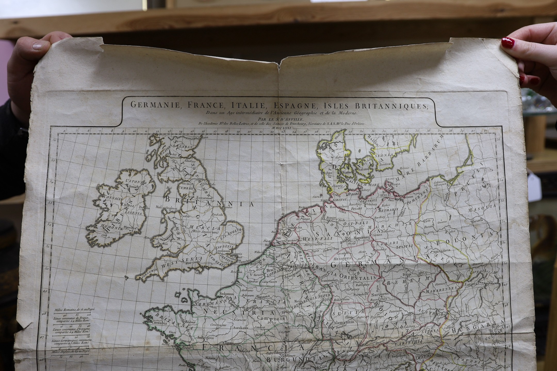Godofredo Henselio [i.e., Gottfried Hensel], Scholae A. C. ap. Hirschb, four mappae geographico-polyglottae, in various languages and scripts, Nuremburg: Homann Heirs, 1741. and another map of Europe
